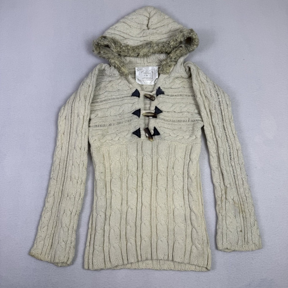 Vintage Old Navy Women M Cream Cable Knit Toggle Hoodie Faux Fur Trim - Picture 1 of 9